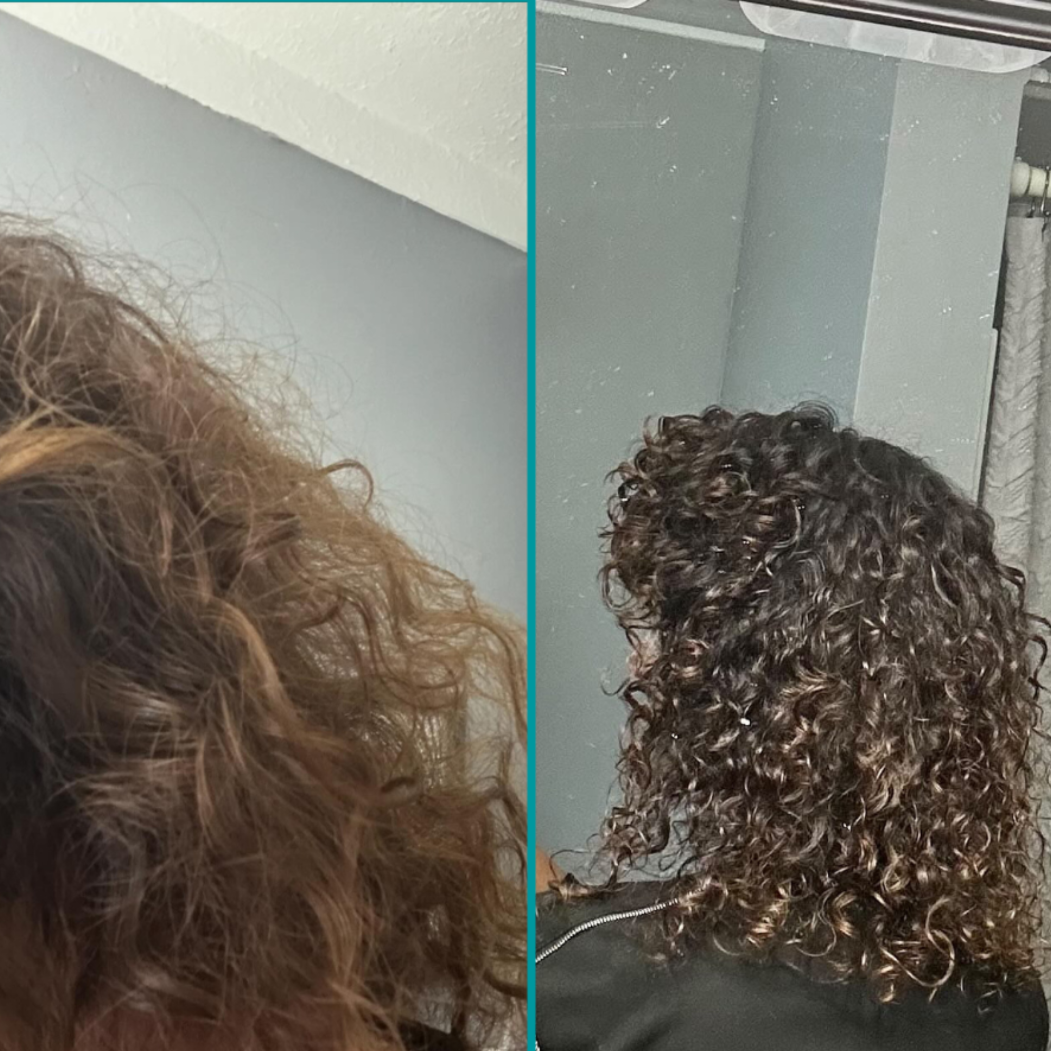 Frizzy, tangled curls. Before and after using van + veronica Haircare products