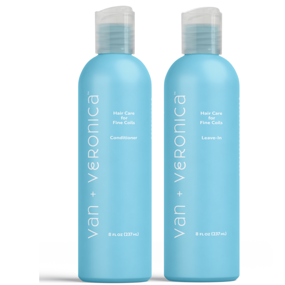 image of the Ultimate Moisture Duo by van + veronica Hair features Conditioner and Leave-In for fine curls