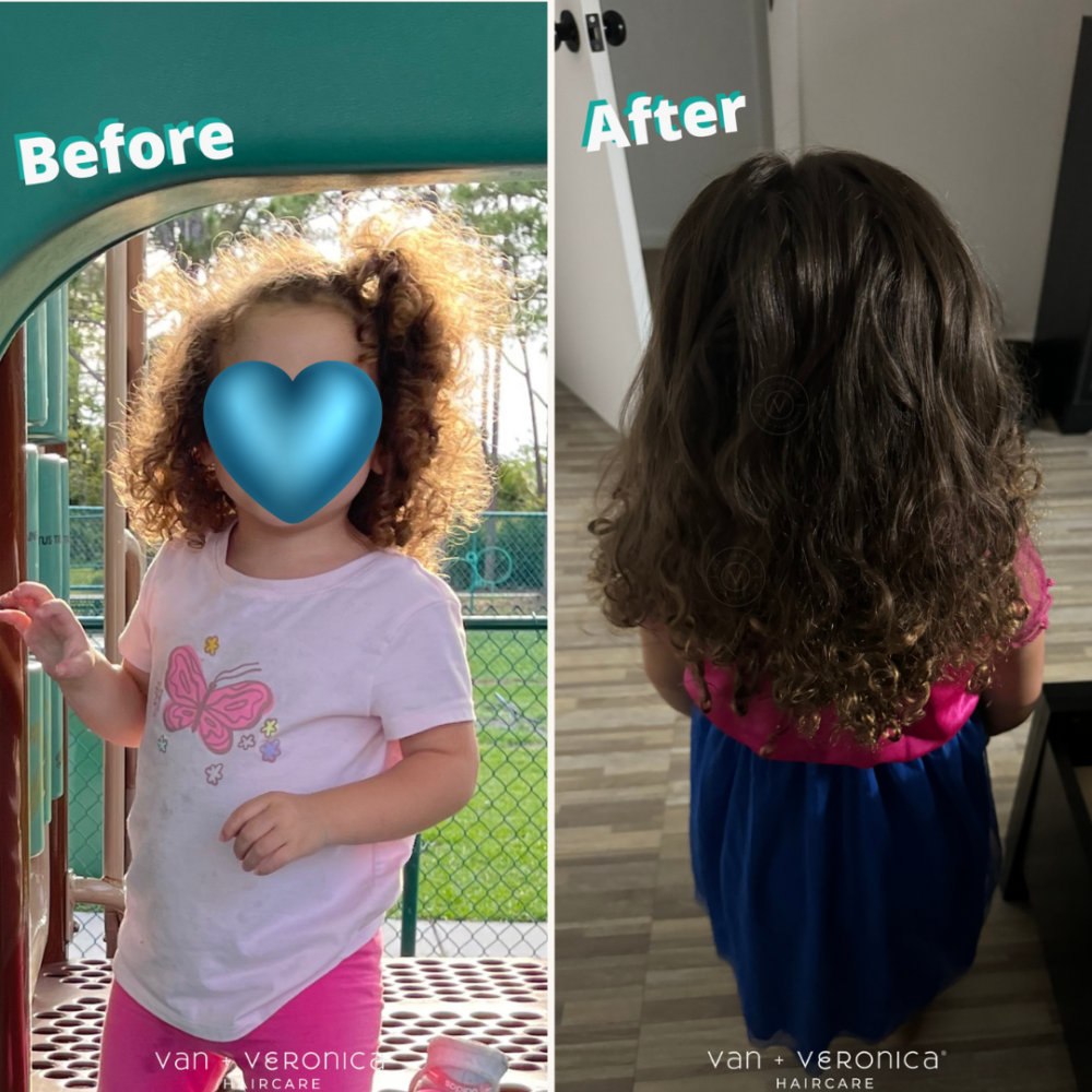 Curly Kids before and after using van + veronica Haircare products