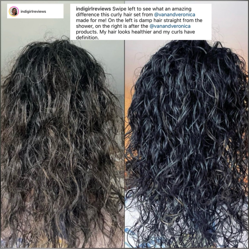 Testimonial, Before and After, Payal IG @indiegirlreviews van + veronica The Haven Collection for Fine Curls