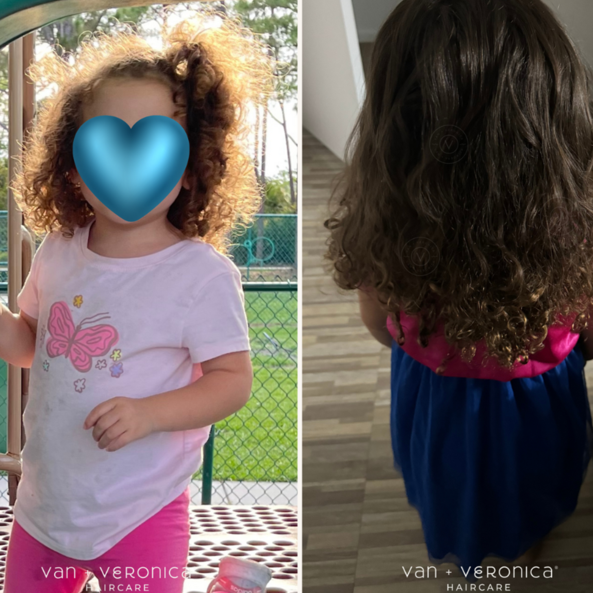 Little girl with curly hair. Before: tangles and frizz. After: Detangled shiny curls after using van + veronica Haircare products