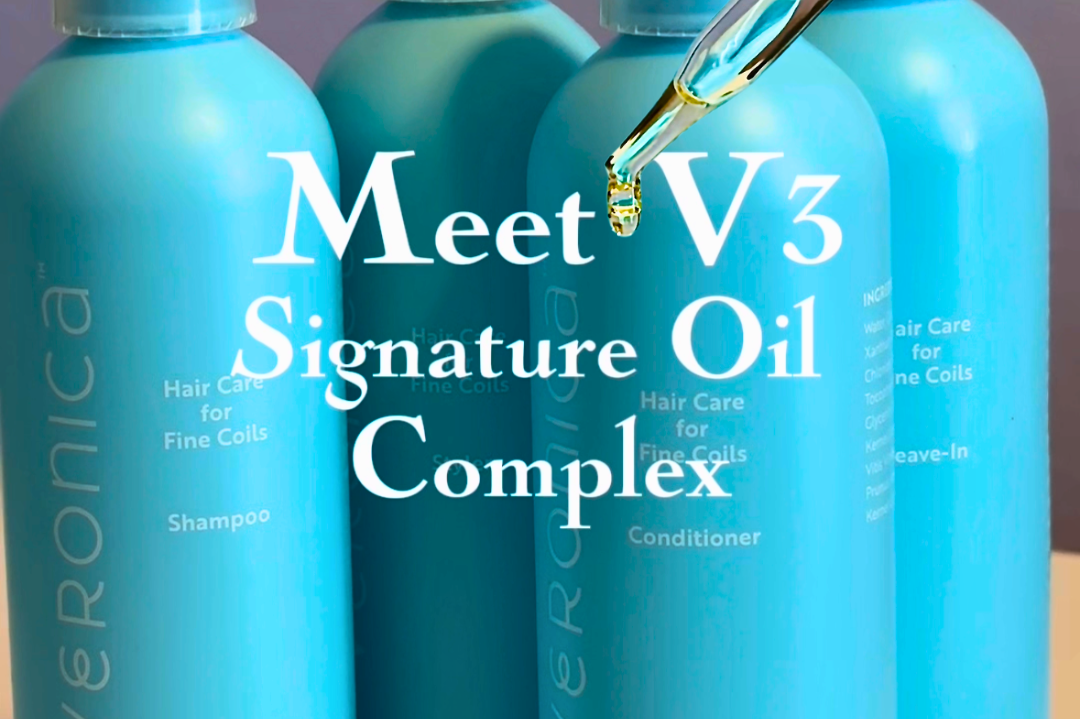 Image of van + veronica Haircare products with invite to meet V3 Signature Oil Complex- containing argan, apricot and grapeseed oil